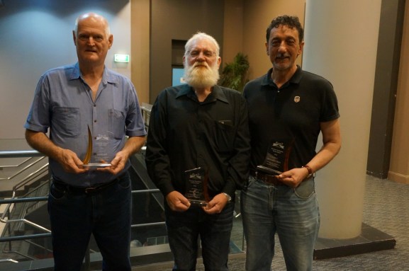 Peter Krause (left), Dave Morris (middle) and Chris Harris (right) pose for a photo with their awards. 